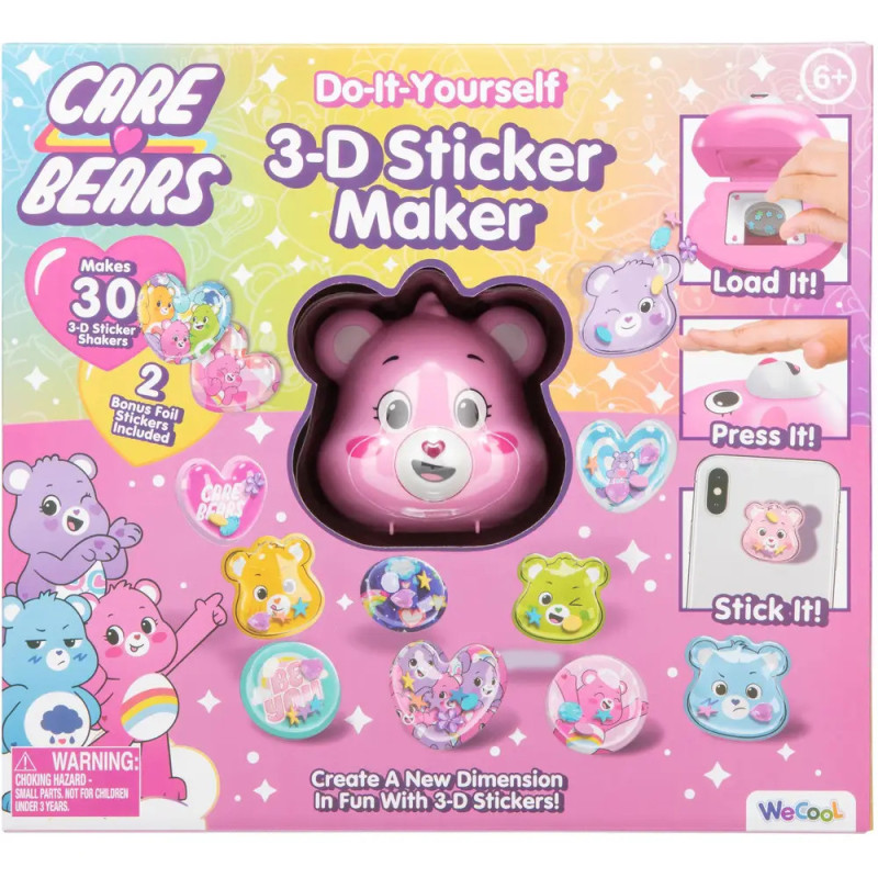 Care Bears 3-D Sticker Maker Set mit bunten Stickern, bärenförmigem Gerät und Anleitung auf der Verpackung. Care Bears 3-D Sticker Maker Set mit bunten Stickern, bärenförmigem Gerät und Anleitung auf der Verpackung.