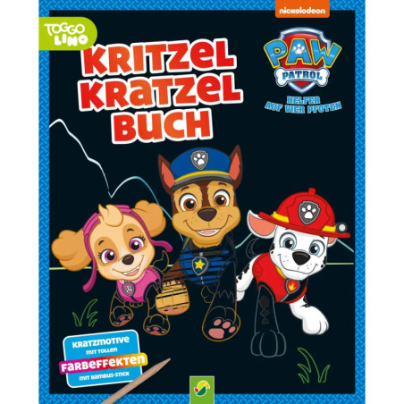 Drei Paw Patrol-Hunde, Skye, Chase und Marshall, lächeln auf einem bunten deutschen Kratzbilder-Buchcover.