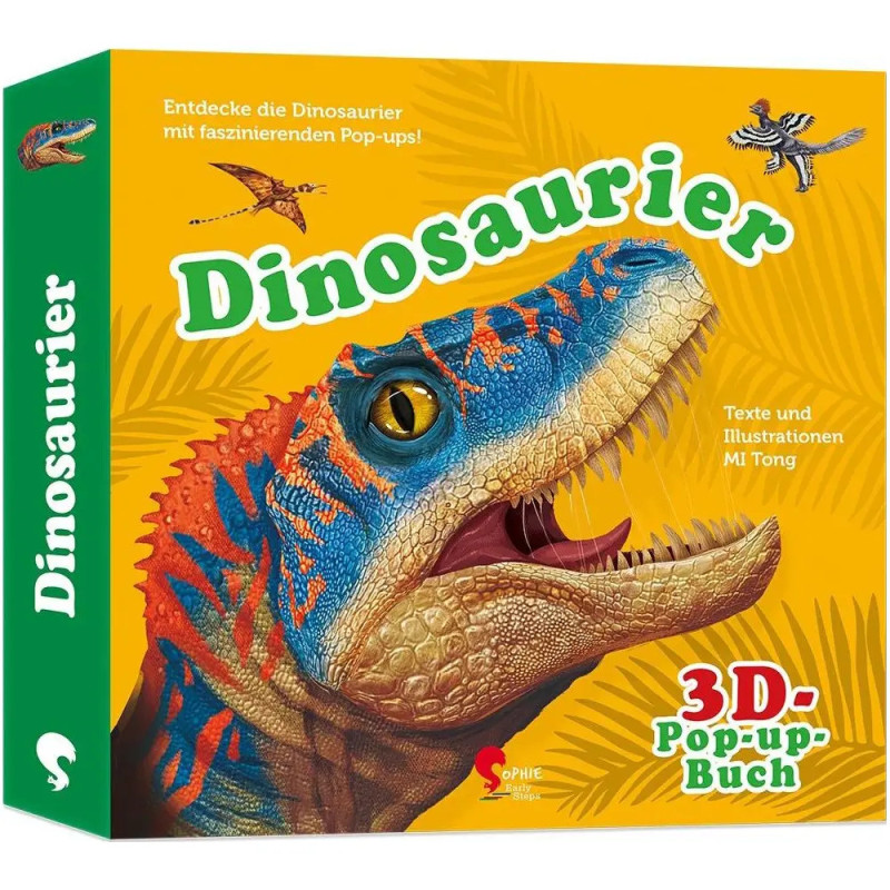 Bunte Dinosaurier-Illustration auf dem Cover eines deutschen 3D-Pop-up-Buchs mit dem Titel Dinosaurier.
