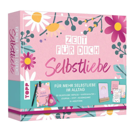 Rosa Selfcare-Geschenkbox mit Blumenmotiv, deutschem Text und mehreren Selflove-Produkten vorne abgebildet.