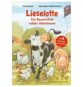 Cartoon-Kuh, Schwein und Hühner im Hof Kuh hält roten Ballon mit dem Schwanz Cover eines Kinderbuchs.