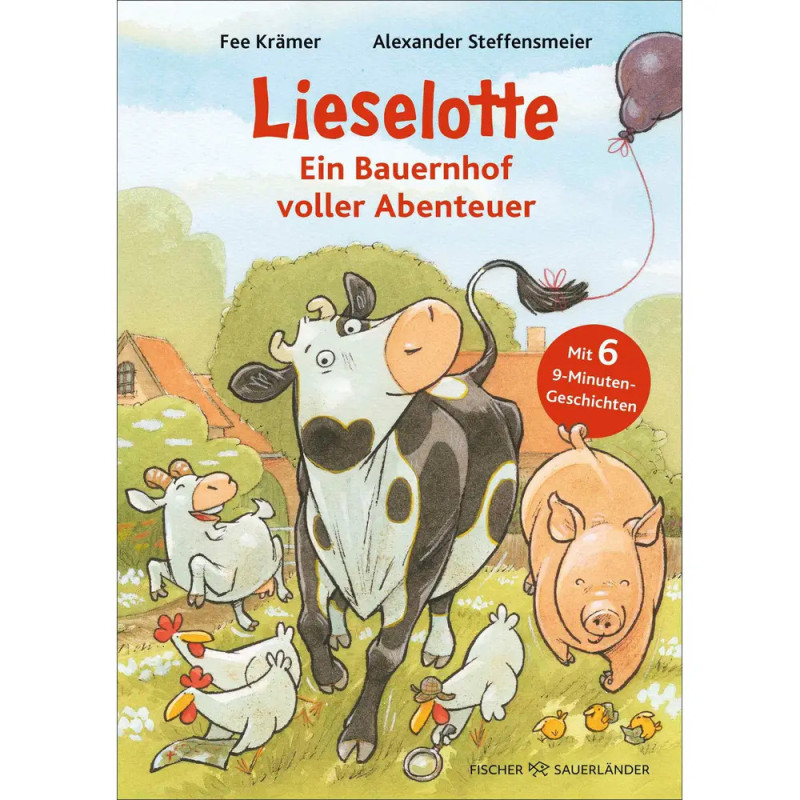 Cartoon-Kuh, Schwein und Hühner im Hof Kuh hält roten Ballon mit dem Schwanz Cover eines Kinderbuchs.