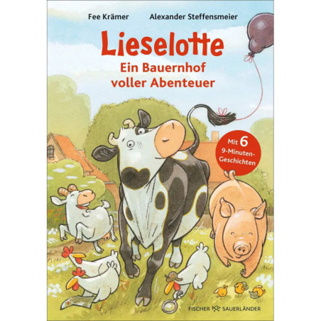 Cartoon-Kuh, Schwein und Hühner im Hof Kuh hält roten Ballon mit dem Schwanz Cover eines Kinderbuchs.