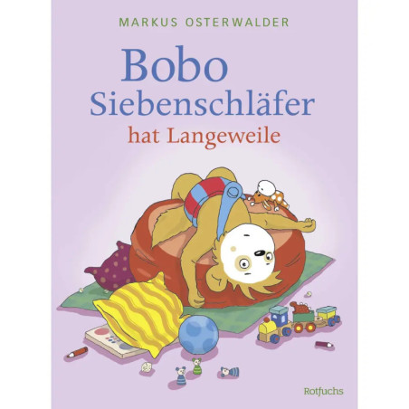 Illustration von Bobo, der Siebenschläfer, der verkehrt herum auf einem Sitzsack zwischen Spielzeug und einer Decke liegt.