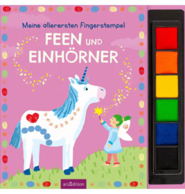 Kinderbuchcover mit Einhorn und Fee, Titel Feen und Einhörner, dazu ein Set aus sechs bunten Stempelkissen.