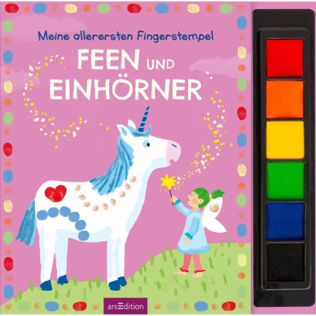 Kinderbuchcover mit Einhorn und Fee, Titel Feen und Einhörner, dazu ein Set aus sechs bunten Stempelkissen.