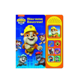Paw Patrol Rubble Soundbuch für Kinder mit Cartoon-Hundemotiven auf dem Cover und Soundknöpfen an der Seite.
