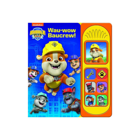 Paw Patrol Rubble Soundbuch für Kinder mit Cartoon-Hundemotiven auf dem Cover und Soundknöpfen an der Seite.
