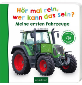 Kinderbuchcover mit grünem Traktor und buntem deutschen Text zum Thema Fahrzeuge.