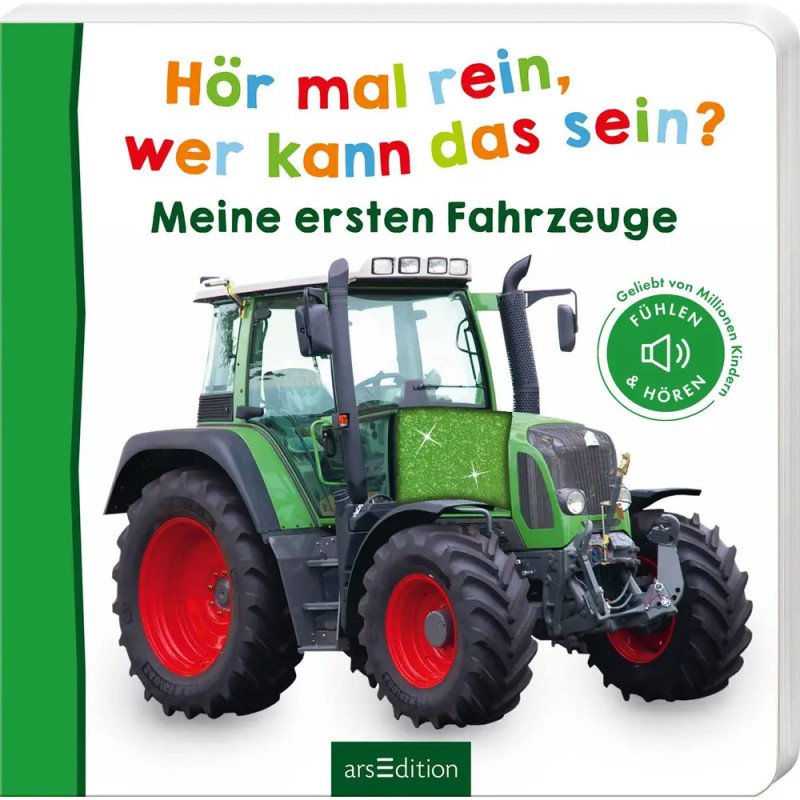 Kinderbuchcover mit grünem Traktor und buntem deutschen Text zum Thema Fahrzeuge.