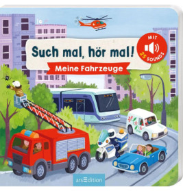 Kinderbuchcover mit Feuerwehrauto, Straßenbahn, Polizei, Krankenwagen und Hubschrauber in einer Stadt.
