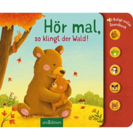 Bär und Junges umarmen sich im Wald Sound-Buttons zeigen Tiere wie Vogel, Frosch, Eule und Hirsch.