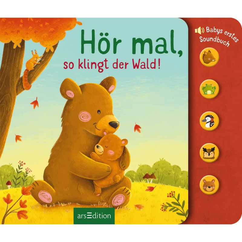 Bär und Junges umarmen sich im Wald Sound-Buttons zeigen Tiere wie Vogel, Frosch, Eule und Hirsch. Bär und Junges umarmen sich im Wald Sound-Buttons zeigen Tiere wie Vogel, Frosch, Eule und Hirsch.