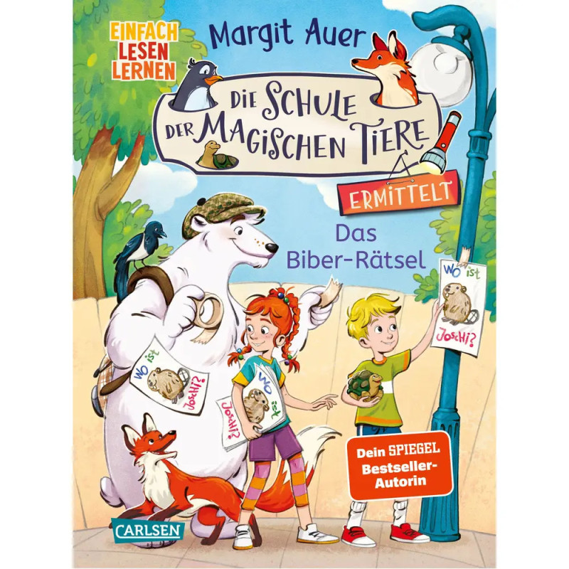 Kinder und magische Tiere halten Vermisstenplakate in einer verspielten Szene deutsches Buchcover.