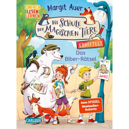 Kinder und magische Tiere halten Vermisstenplakate in einer verspielten Szene deutsches Buchcover.