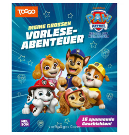 PAW Patrol-Welpen lächeln auf blauem Buchcover mit deutschem Text und Abzeichen im Hintergrund.