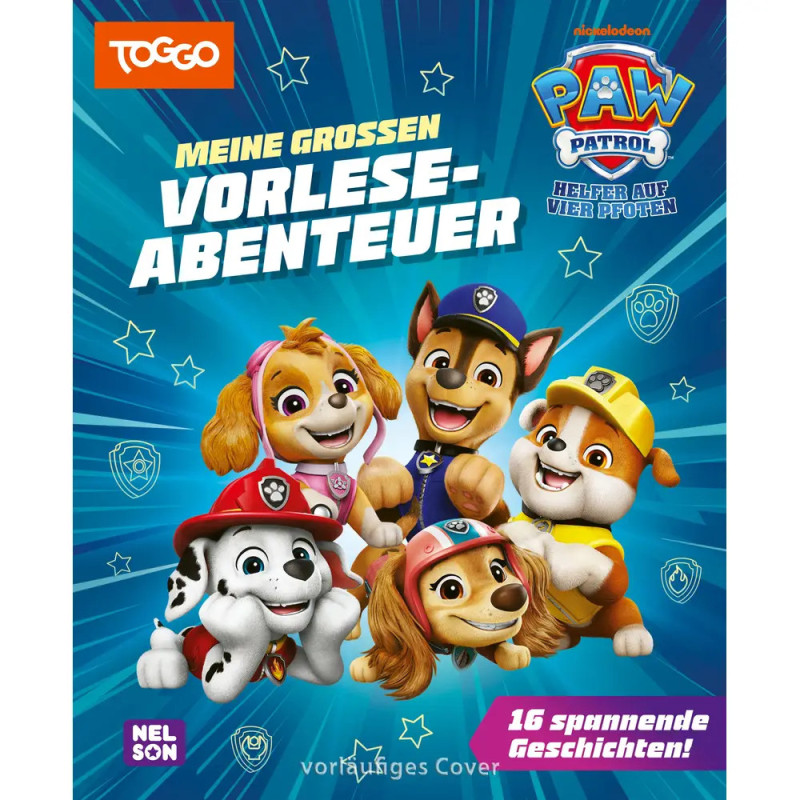 PAW Patrol-Welpen lächeln auf blauem Buchcover mit deutschem Text und Abzeichen im Hintergrund. PAW Patrol-Welpen lächeln auf blauem Buchcover mit deutschem Text und Abzeichen im Hintergrund.