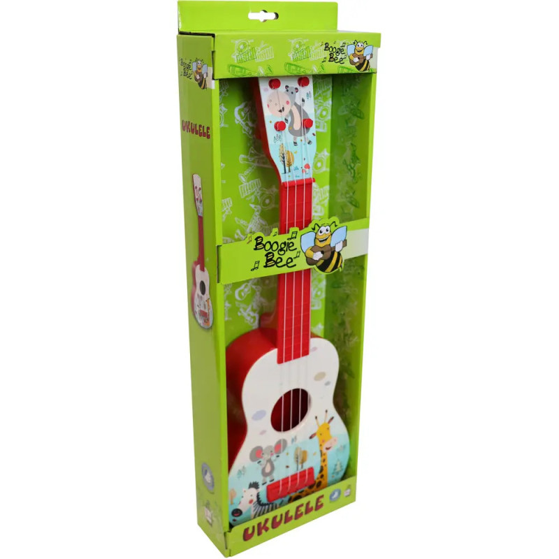 Bunte Boogie Bee Kindergitarre in grüner Box mit Tiermotiven auf der Vorderseite. Bunte Boogie Bee Kindergitarre in grüner Box mit Tiermotiven auf der Vorderseite.