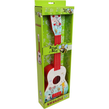Bunte Boogie Bee Kindergitarre in grüner Box mit Tiermotiven auf der Vorderseite.