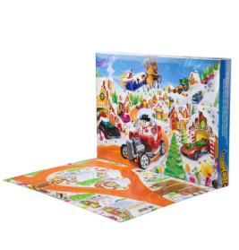 Hot Wheels Adventskalender mit Autos, winterlicher Dorfkulisse und einem Schneemann im roten Auto.