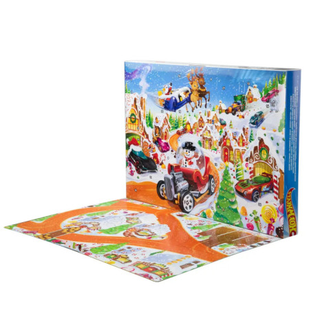 Hot Wheels Adventskalender mit Autos, winterlicher Dorfkulisse und einem Schneemann im roten Auto.