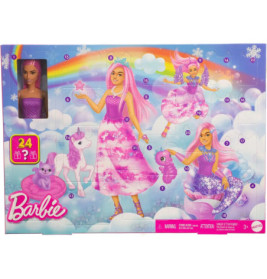 Barbie Adventskalender mit Barbie-Puppe und Zubehör im Einhorn-, Katzen- und Meerjungfrauenstil.