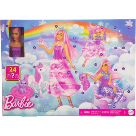Barbie Adventskalender mit Barbie-Puppe und Zubehör im Einhorn-, Katzen- und Meerjungfrauenstil.