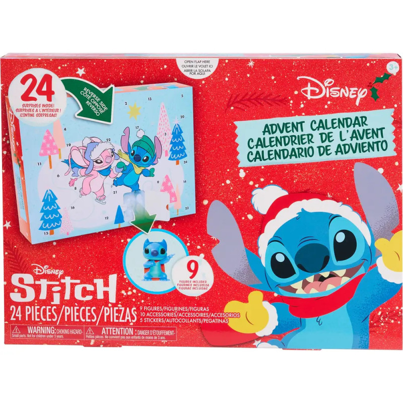 Disney Stitch Adventskalender mit 24 Teilen, Motiv Stitch und Angel, dreisprachig: Englisch, Französisch und Spanisch.