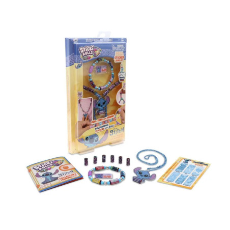 Disney Stitch-Set: Armband, Perlen, Kette, Anleitung und Verpackung auf weißem Hintergrund.