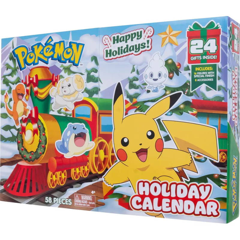 Pokemon Adventskalender mit Pikachu, festlichem Zug und Schnee Hinweis auf 24 enthaltene Geschenke.