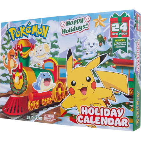 Pokemon Adventskalender mit Pikachu, festlichem Zug und Schnee Hinweis auf 24 enthaltene Geschenke.