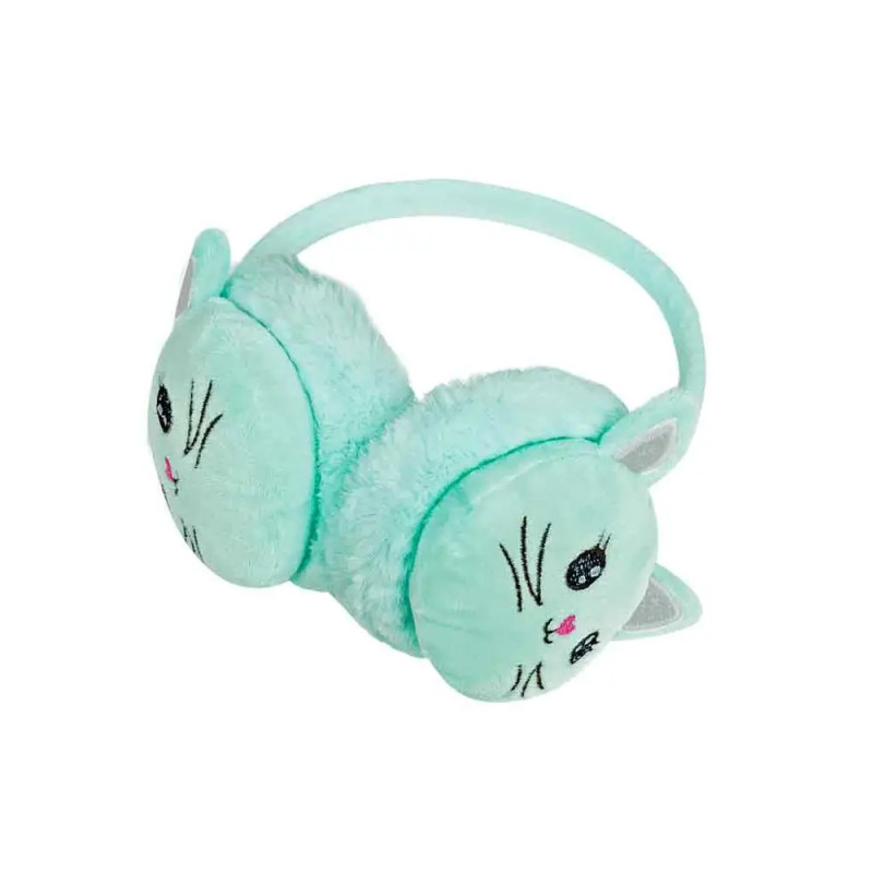 Hellblaue Plüsch-Ohrenwärmer mit Katzengesichtern und Ohren an den Seiten, für Kinder entworfen.