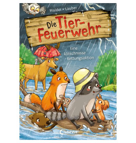 Cartoon-Tiere mit Regenschirmen am Flussufer, daneben ein Holzschild mit der Aufschrift Die Tier-Feuerwehr.
