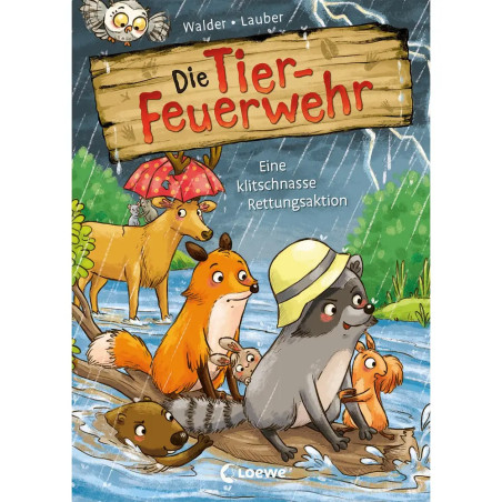 Cartoon-Tiere mit Regenschirmen am Flussufer, daneben ein Holzschild mit der Aufschrift Die Tier-Feuerwehr. Cartoon-Tiere mit Regenschirmen am Flussufer, daneben ein Holzschild mit der Aufschrift Die Tier-Feuerwehr.