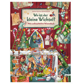 Bunt illustriertes Buchcover: Elfen bereiten Weihnachten in festlich geschmücktem Raum mit Geschenken vor.