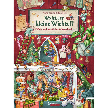 Bunt illustriertes Buchcover: Elfen bereiten Weihnachten in festlich geschmücktem Raum mit Geschenken vor.