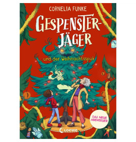 Zwei Personen und ein Geist stehen an einem Weihnachtsbaum. Titel: Gespensterjäger und der Weihnachtsspuk.