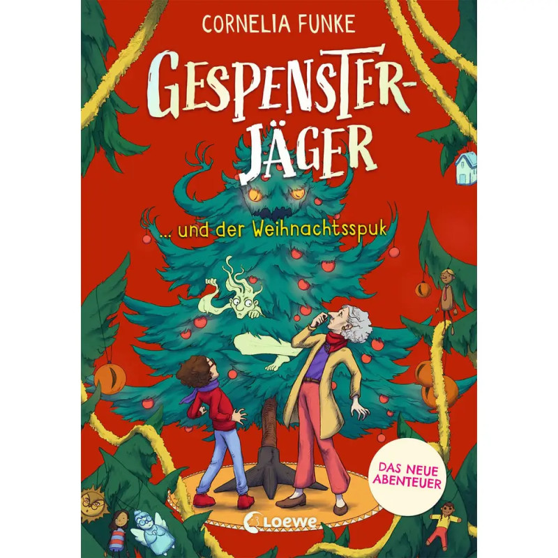 Zwei Personen und ein Geist stehen an einem Weihnachtsbaum. Titel: Gespensterjäger und der Weihnachtsspuk.