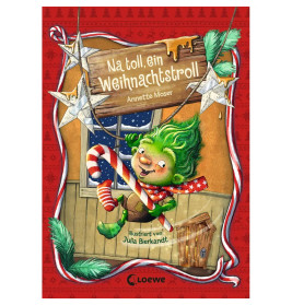 Ein grüner Weihnachtstroll mit Zuckerstange schwingt an einem Seil in einem festlich geschmückten Raum.