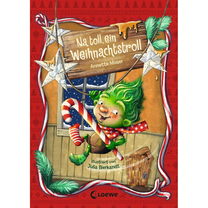 Ein grüner Weihnachtstroll mit Zuckerstange schwingt an einem Seil in einem festlich geschmückten Raum.