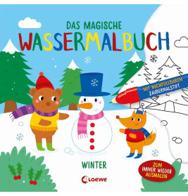 Illustration: Bär und Fuchs mit Schneemann in winterlicher Schneelandschaft, deutscher Text oben.