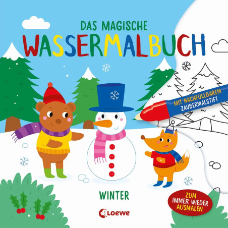 Illustration: Bär und Fuchs mit Schneemann in winterlicher Schneelandschaft, deutscher Text oben.