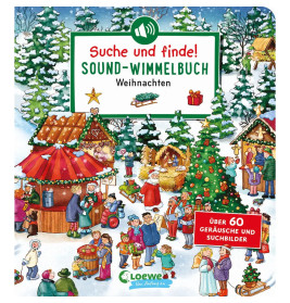 Bunte Weihnachtsmarktszene mit Menschen, verschneiten Bäumen, festlichen Ständen und Dekorationen auf einem Kinderbuchcover.