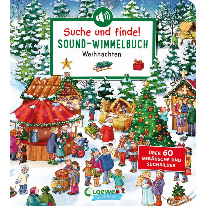 Bunte Weihnachtsmarktszene mit Menschen, verschneiten Bäumen, festlichen Ständen und Dekorationen auf einem Kinderbuchcover.