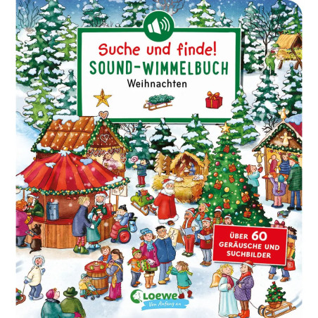 Bunte Weihnachtsmarktszene mit Menschen, verschneiten Bäumen, festlichen Ständen und Dekorationen auf einem Kinderbuchcover.