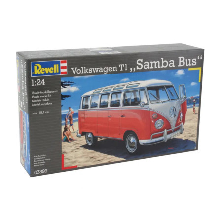 Revell Modellbausatz Volkswagen T1 Samba Bus 1:24 mit Abbildung des Busses am Strand auf der Verpackung.