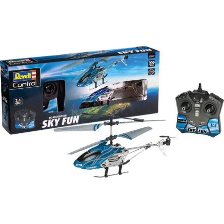 Revell Sky Fun RC-Helikopter mit Fernsteuerung und Produktverpackung mit Abbildungen und Markenlogo.