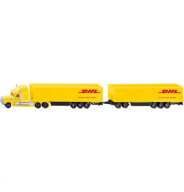Gelber DHL-Lkw mit zwei Anhängern und rotem DHL-Logo auf weißem Hintergrund.