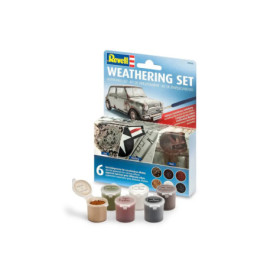 Revell Weathering Set mit sechs offenen Farbtöpfchen und Verpackung, die ein gealtertes Modellauto zeigt.