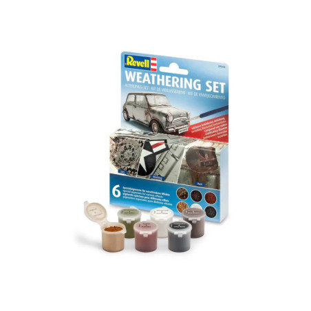 Revell Weathering Set mit sechs offenen Farbtöpfchen und Verpackung, die ein gealtertes Modellauto zeigt. Revell Weathering Set mit sechs offenen Farbtöpfchen und Verpackung, die ein gealtertes Modellauto zeigt.